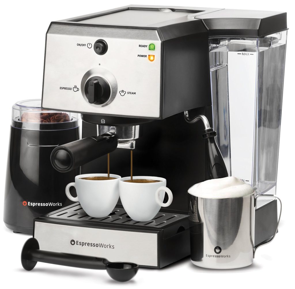 7 Pc All-In-One Semi Automatic Espresso Machine & Cappuccino Maker Barista Bundle Set with Built-In Steamer & Frother Coffee Bean Grinder, Portafilter, Milk Frothing Cup, Spoon-Tamper & 2 Cups, Stain